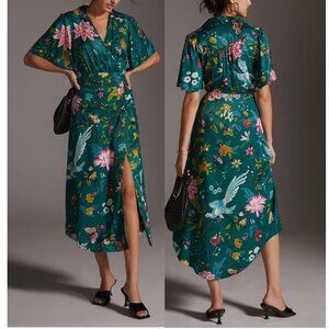 NEW Anthropologie Maeve Buttonfront Shirt Dress Green Floral Collared Midi